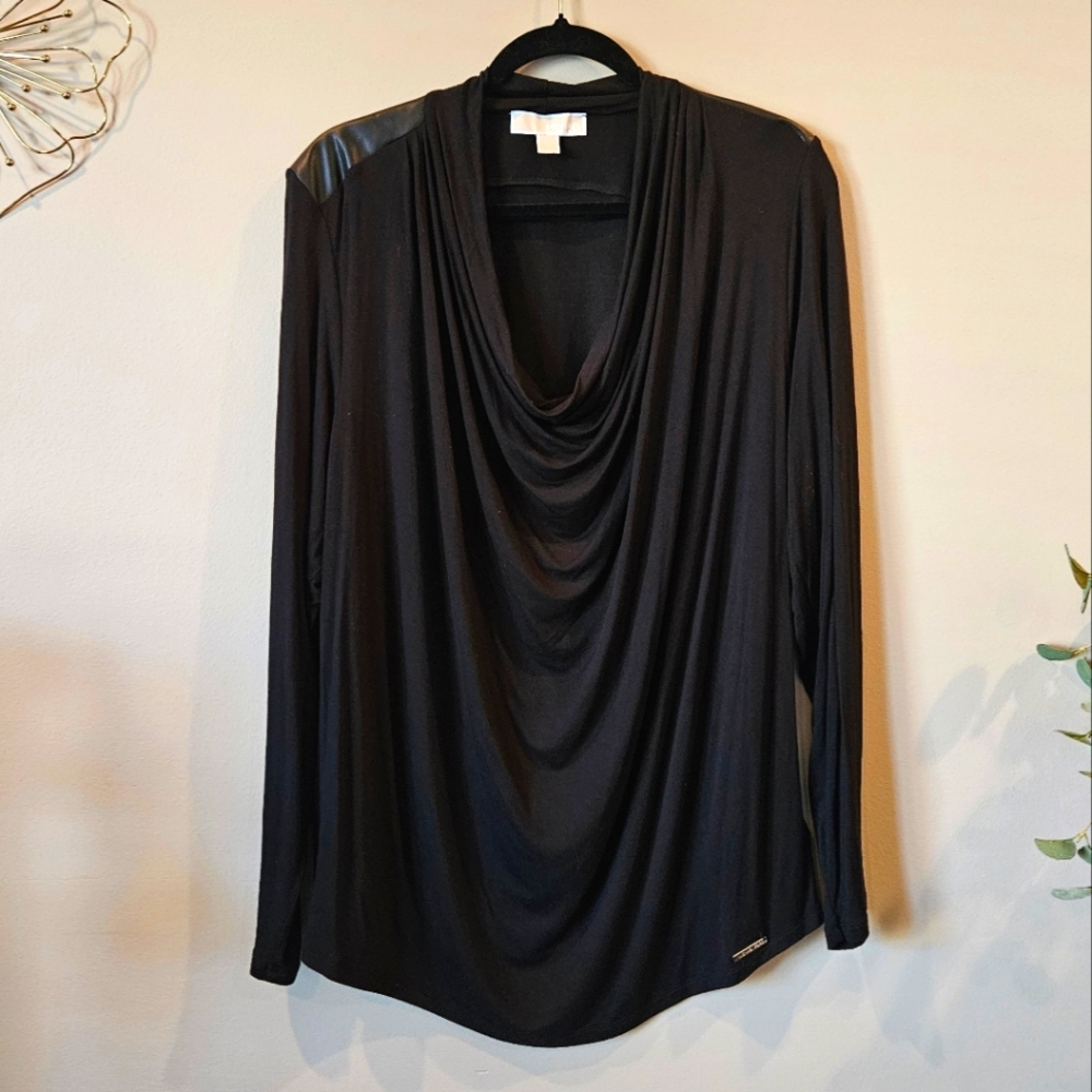 Michael Kors Black Cowl Neck Top with Pleather Shoulder Detail - Size 1X
